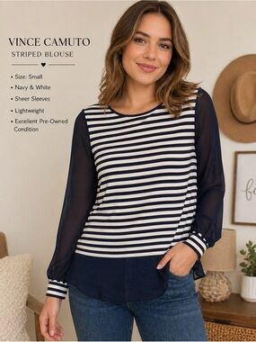 Vince Camuto Striped Blouse Small | Navy White Sheer Sleeve Top Chic Parisian